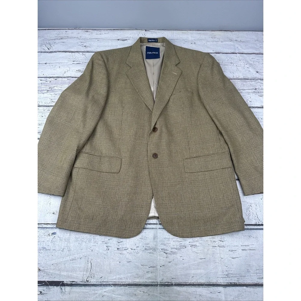 Nautica Sport Coat 44R Tan Glen Plaid Wool Silk Linen Blazer Jacket Casual